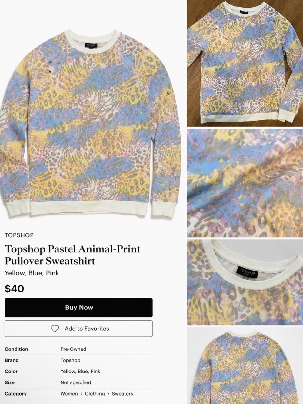 Topshop Pastel Animal-Print Pullover Sweatshirt - Yellow, Blue, Pink
